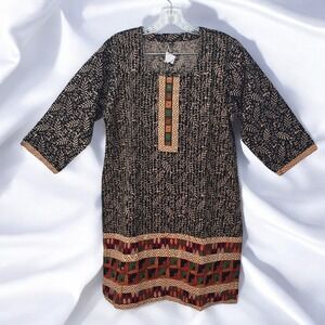 Ethnic Tunic Dress Top Block Print Embroidered Details Bohemian Style Woman‎ XL